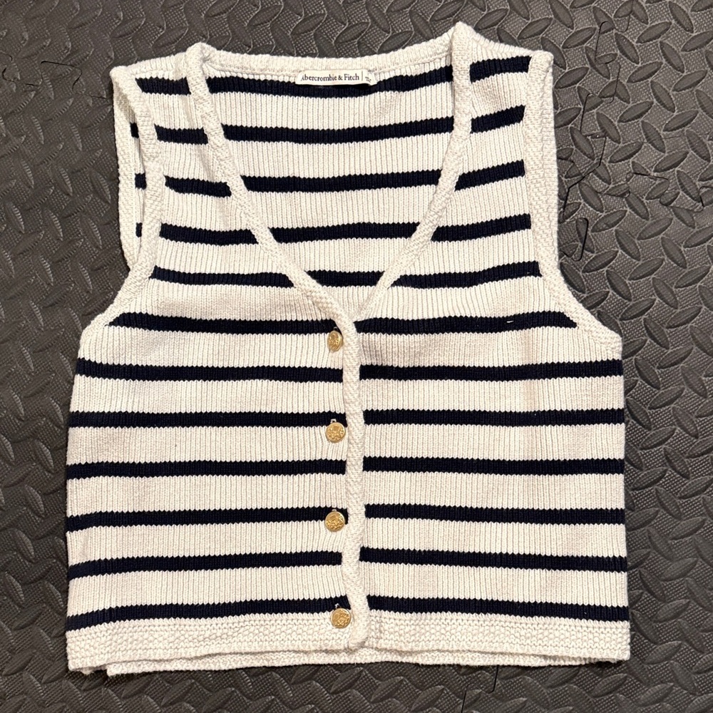 Abercrombie & Fitch Navy and White Striped Knit Button Vest